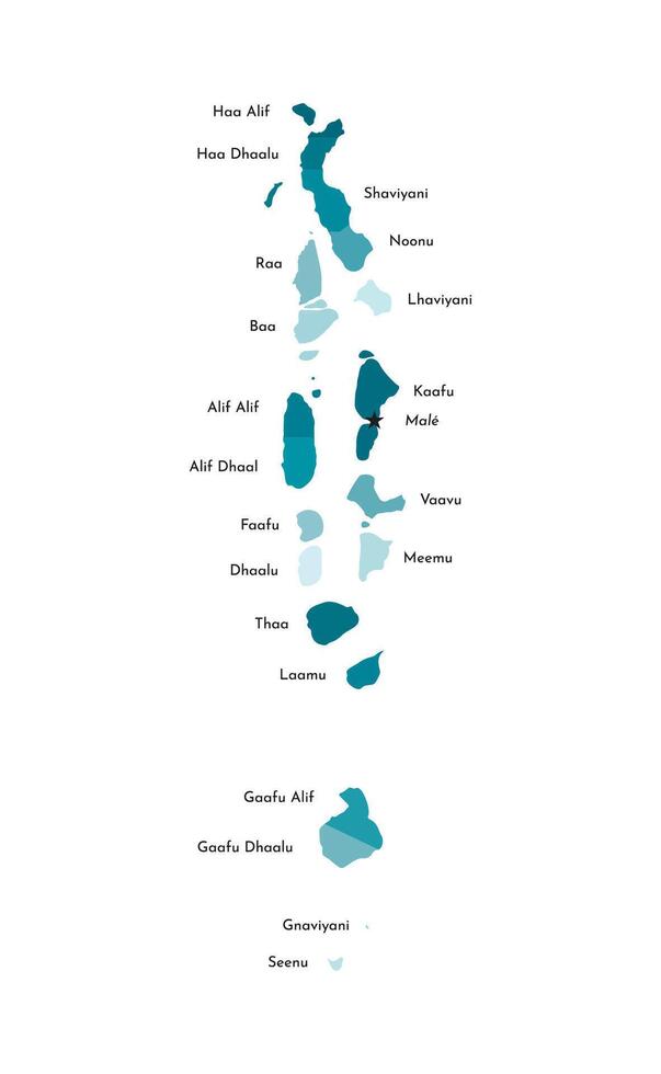 Vector isolated illustration of simplified administrative map of Maldives with names of the atolls. Colorful blue khaki silhouettes.