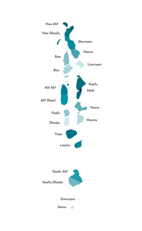 Vector isolated illustration of simplified administrative map of Maldives with names of the atolls. Colorful blue khaki silhouettes.