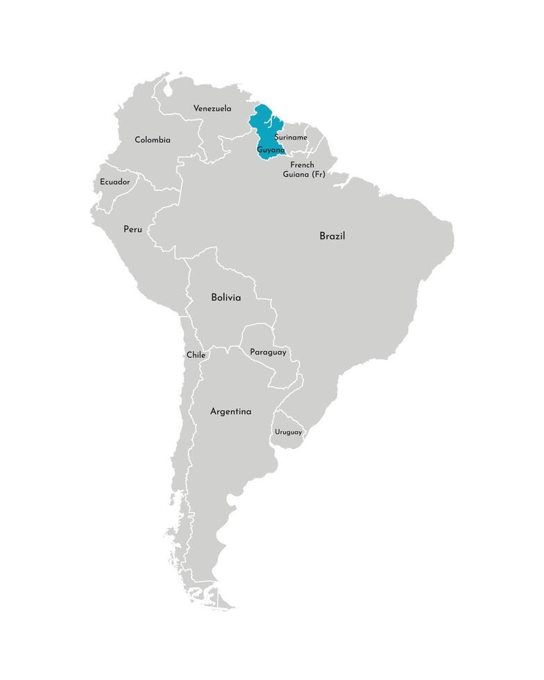 Vector illustration with simplified map of South America continent with blue contour of Guyana. Grey silhouettes, white outline of states' border.