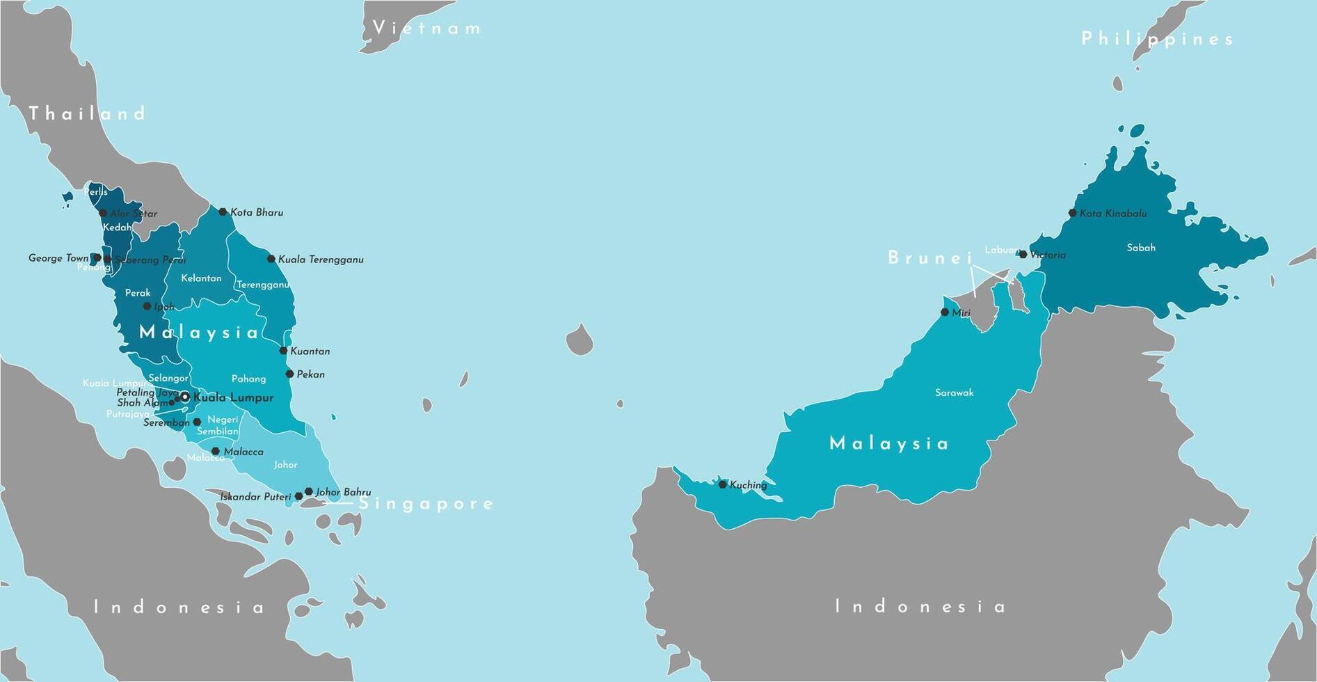 Vector modern illustration. Blue simplified administrative map of Malaysia. Neighboring countries in grey color. Blue background of seas. Names of big malaysian cities and states.
