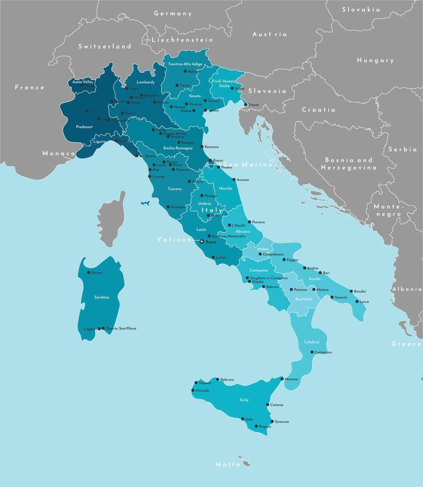 Vector modern illustration. Simplified administrative map of Italy and borders with neighboring european countries. Blue background of seas. Names of italian cities and regions.