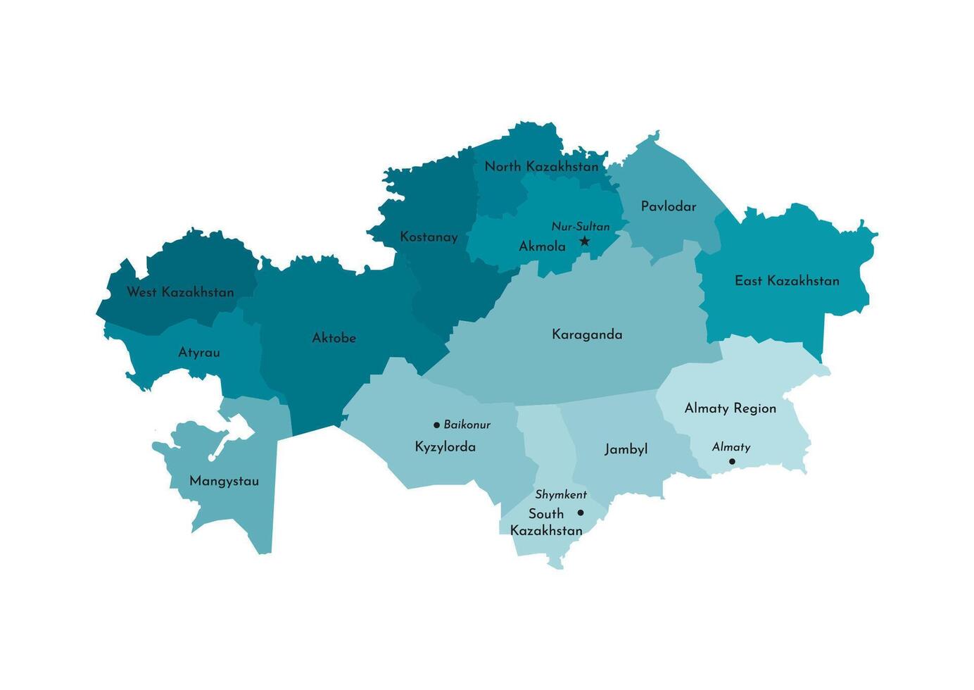 Vector isolated illustration of simplified administrative map of Kazakhstan. Borders and names of the regions. Colorful blue khaki silhouettes