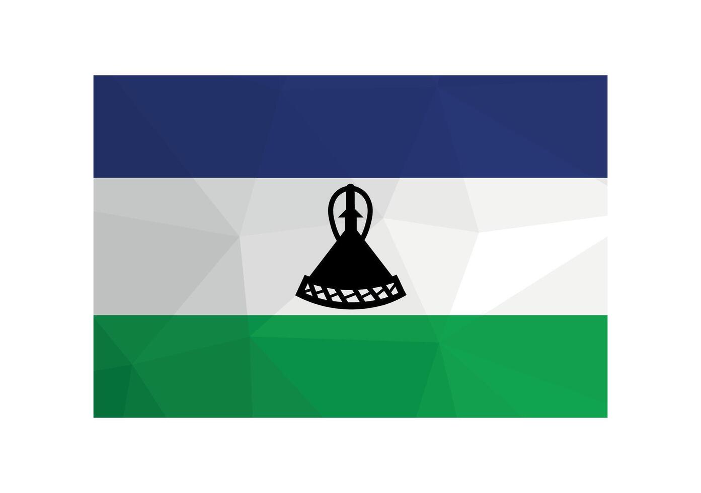 Vector illustration. Official symbol of Lesotho. National flag in blue, white, green colors and black hat. Creative design in low poly style with triangular shapes.