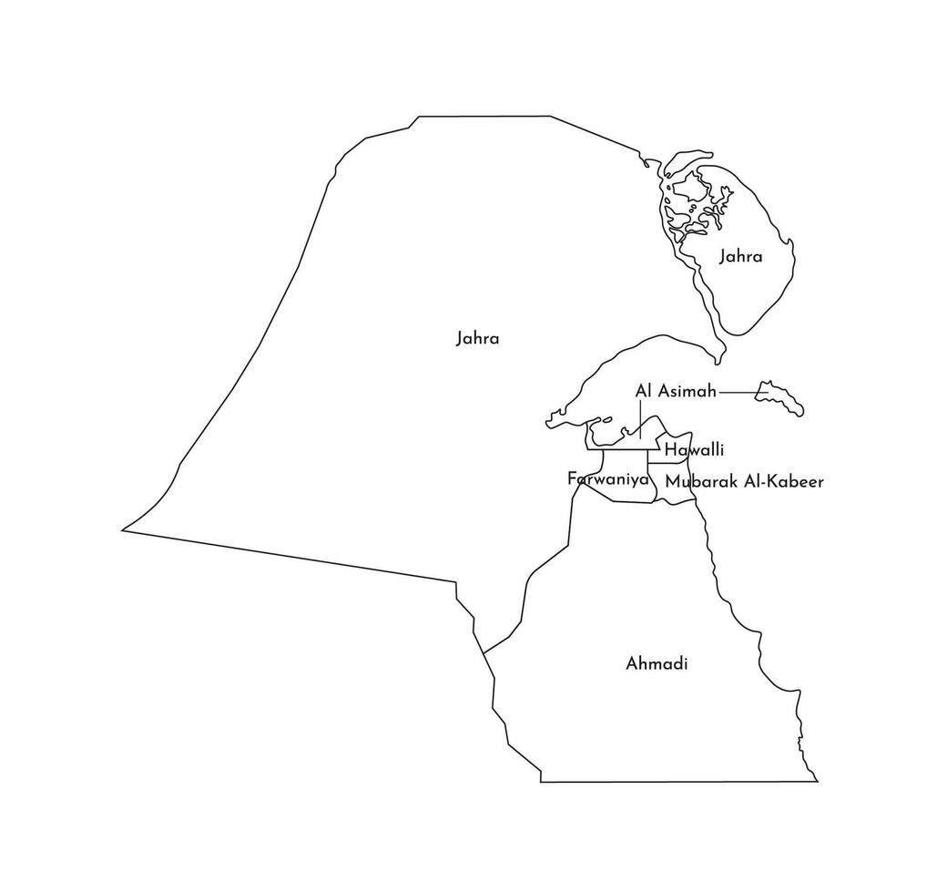 Vector isolated illustration of simplified administrative map of Kuwait. Borders of the governorates. Black line silhouettes