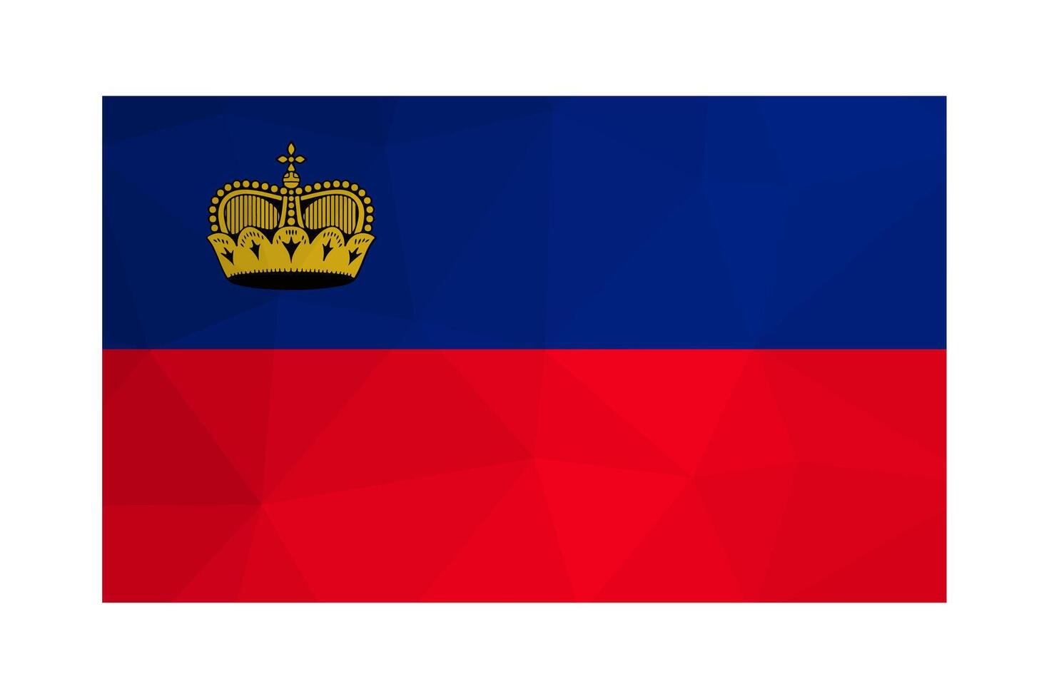 Vector isolated illustration. Official symbol of Liechtenstein. National flag with blue and red stripes, gold crown. Creative design in low poly style with triangular shapes. Gradient effect.