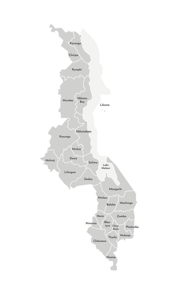 Vector isolated illustration of simplified administrative map of Malawi. Borders and names of the districts, regions. Grey silhouettes. White outline