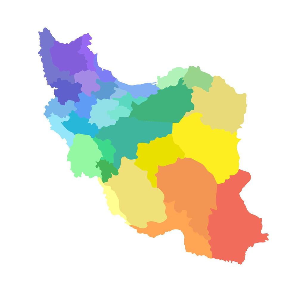 Vector isolated illustration of simplified administrative map of Iran. Borders of the provinces. Multi colored silhouettes.