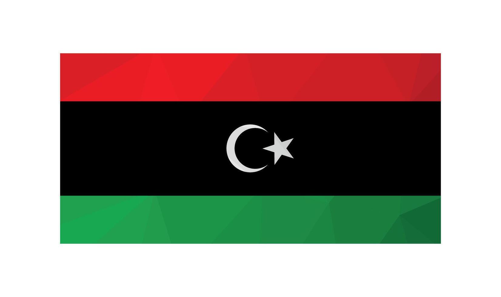 Vector illustration. Official ensign of Libya. National flag with red, black, green stripes and crescent, star. Creative design in low poly style with triangular shapes. Gradient effect