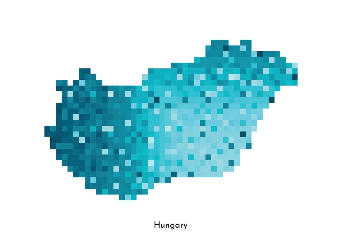 Vector isolated geometric illustration with simple icy blue shape of Hungary map. Pixel art style for NFT template. Dotted logo with gradient texture for design on white background