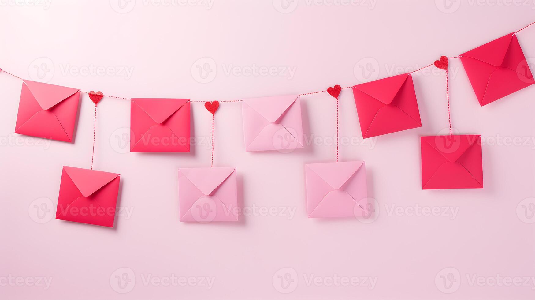 AI generated Craft envelopes and heart hanging from string. Romantic love letters photo