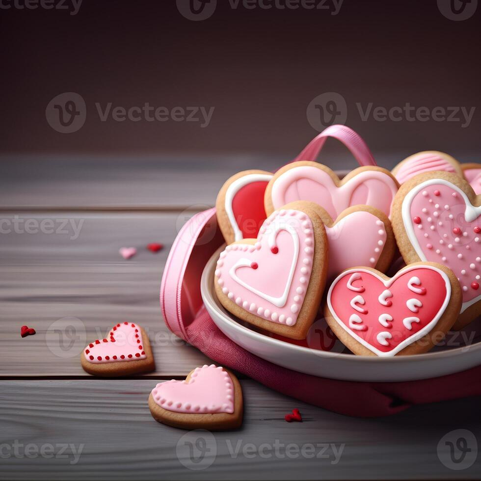 AI generated Homemade heart shaped cookies and test space photo