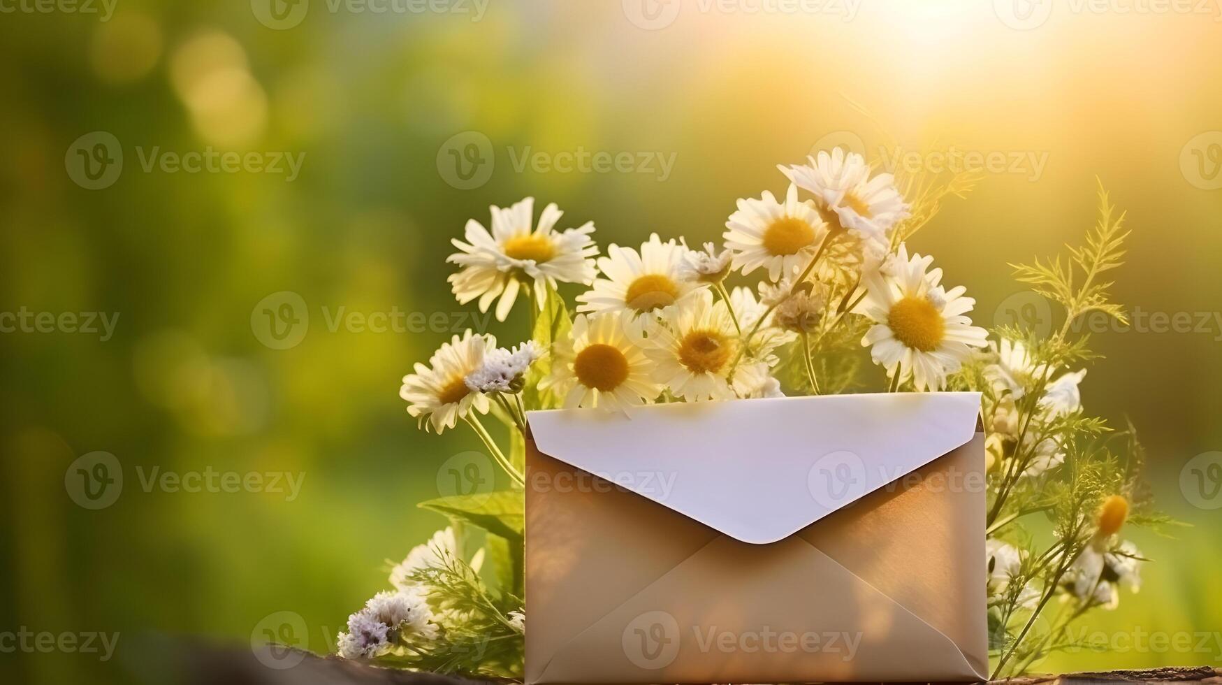 AI generated Envelope and beautiful daisy flowers on green grasses photo