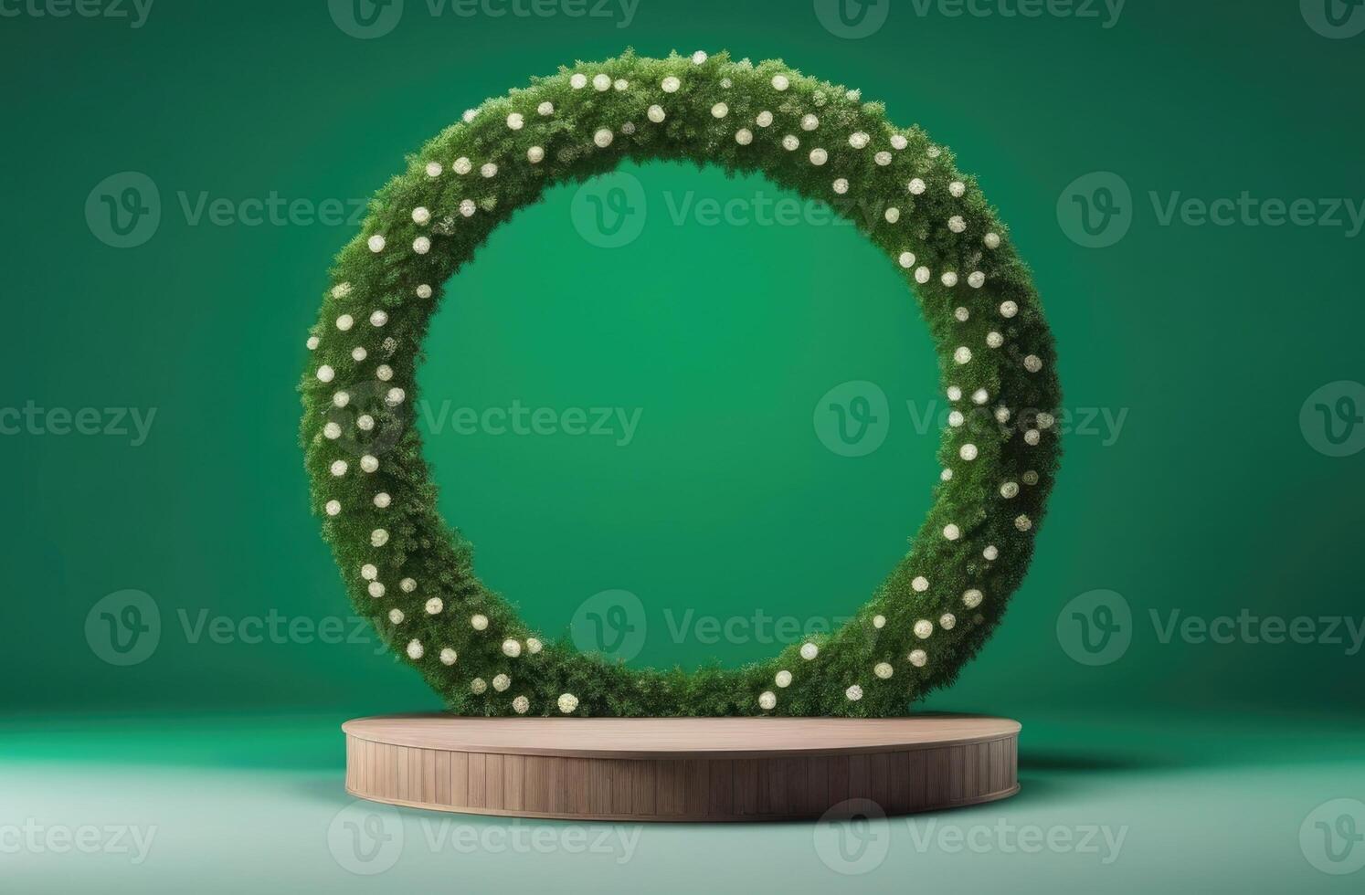 AI generated a round arch of green plants and flowers, an empty round wooden podium, a platform for displaying cosmetics and perfumes, a scene template for advertising, a green background photo