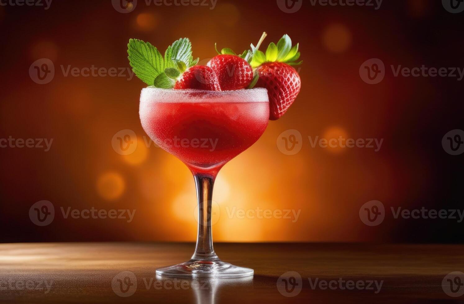 AI generated summer cocktail with berries, strawberry daiquiri alcoholic cocktail, soft drink with ice, International Bartenders Day, water drops, wooden table photo