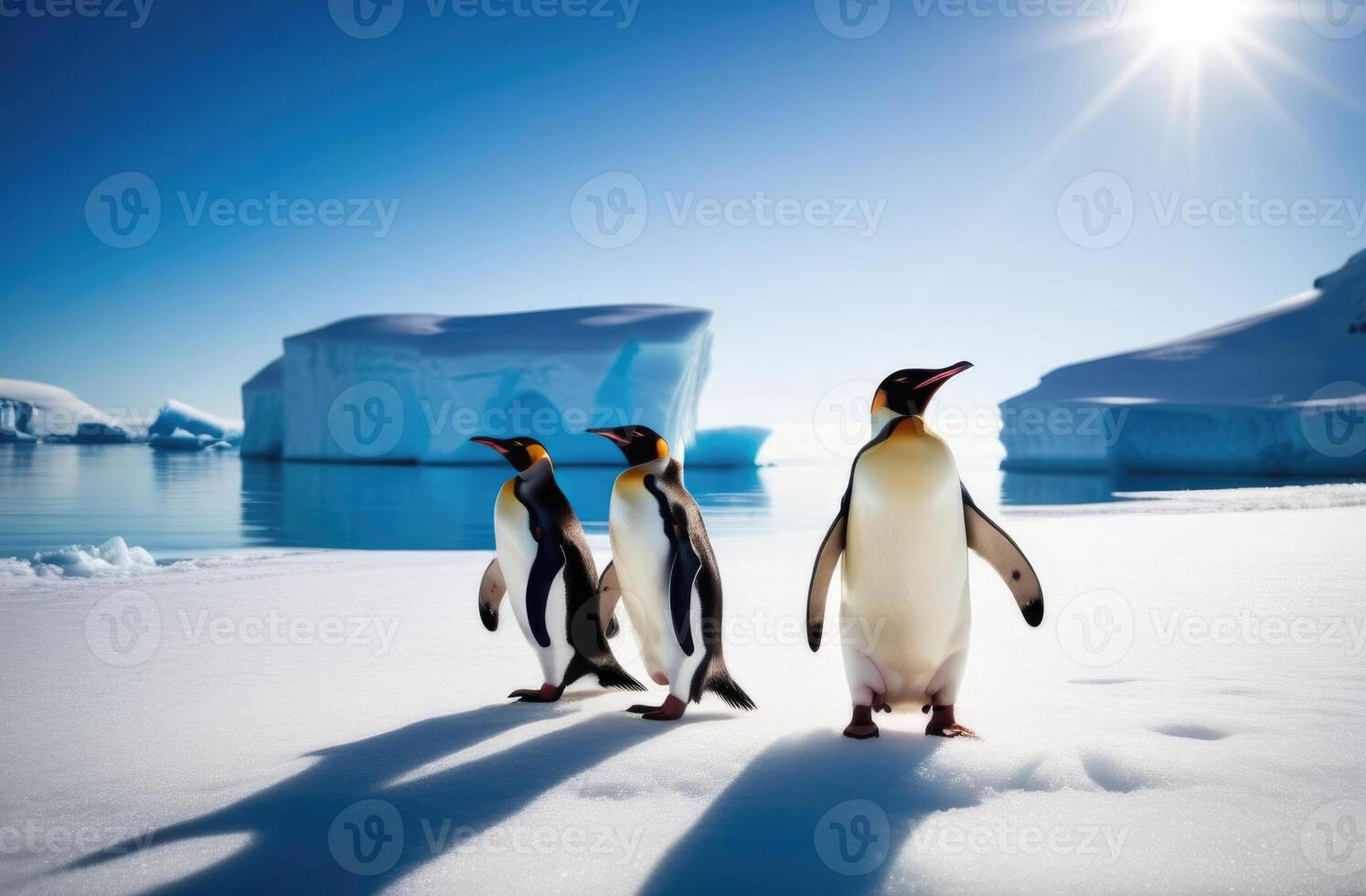 ai generado mundo pingüino día, un rebaño de adulto pingüinos en un hielo témpano de hielo, un iceberg en el océano, el Reino de hielo y nieve, el Nevado costa, el lejos norte foto