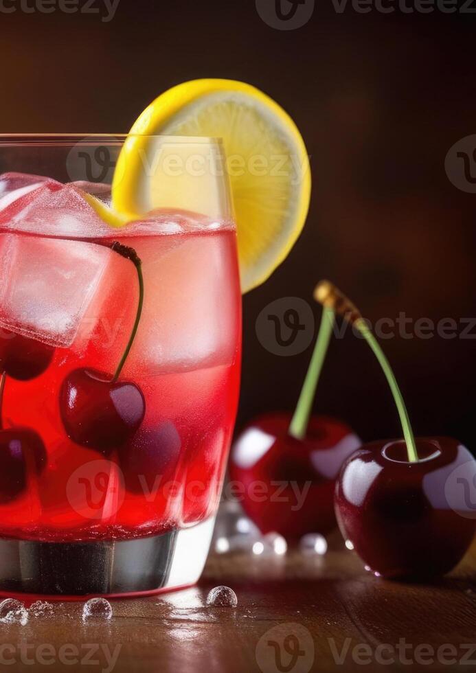 AI generated glass of non-alcoholic cherry lemonade, refreshing drink, fresh summer cocktail with ice, detox water, berry cocktail, beach bar photo