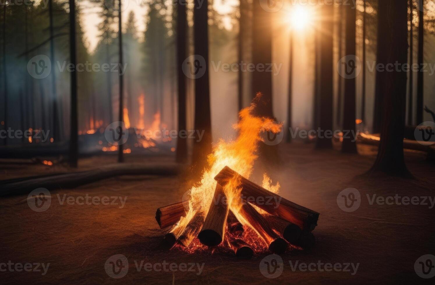 AI generated World Wildlife Day, International Day of Forests, forest fires, bonfire in the forest, destruction of forests, trees on fire, flames, coniferous forest photo