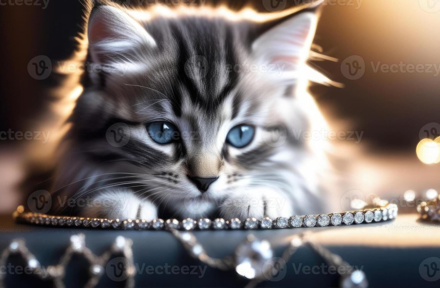 AI generated jewelry salon, gold and silver jewelry with precious stones, jewelry advertising, striped fluffy domestic gray kitten, pets in advertising, advertising luxury trend photo