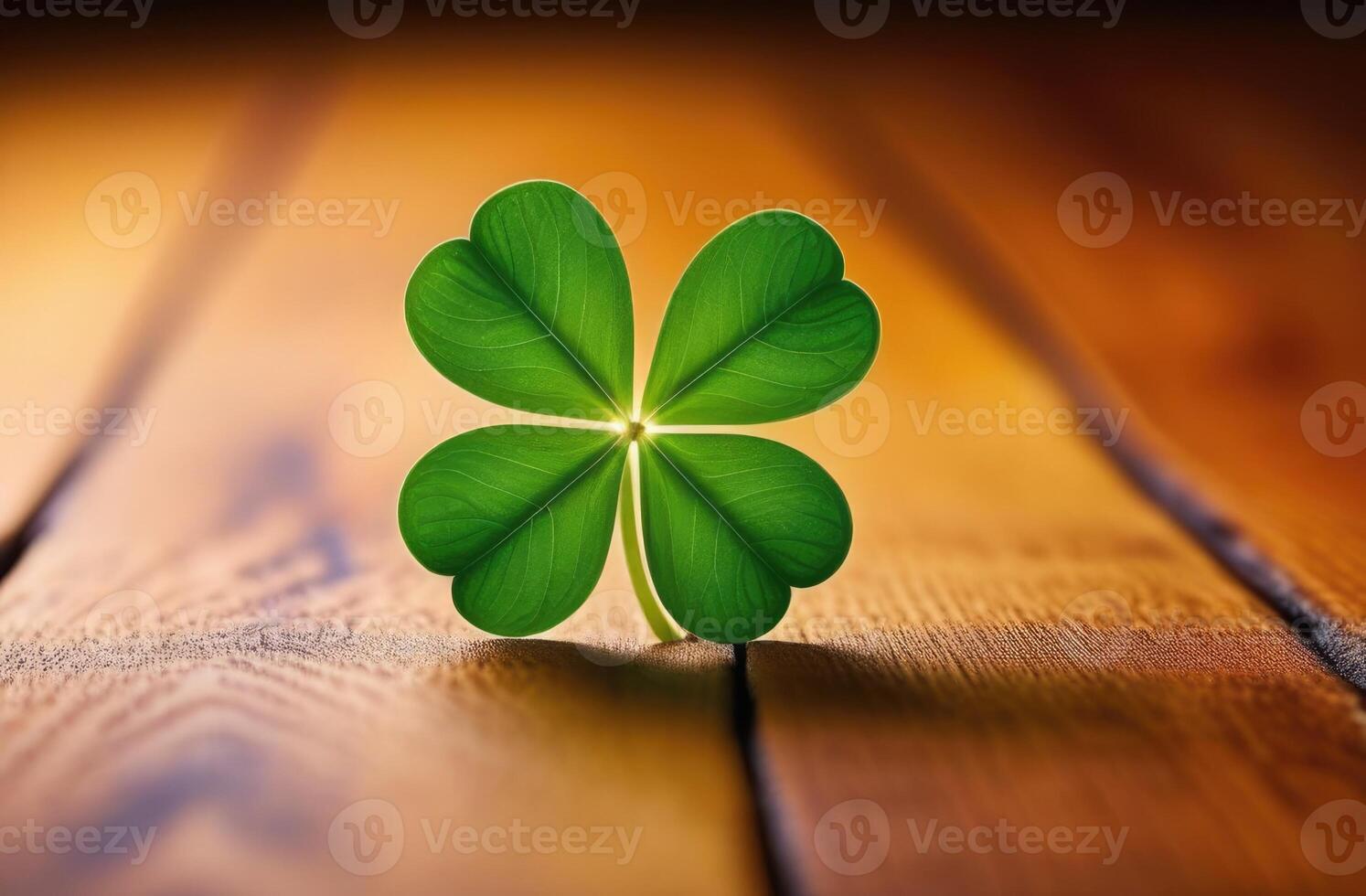 AI generated St. Patrick's Day, Shamrock, clover petal on a wooden background, four-leaf clover photo