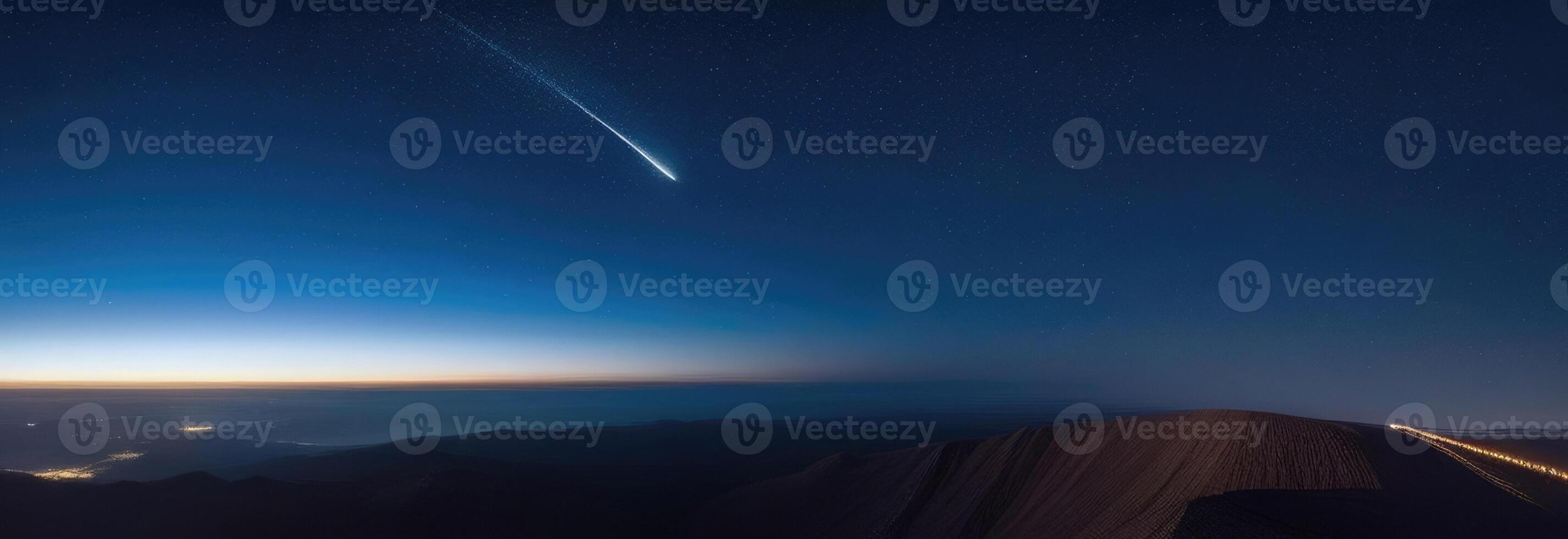 AI generated Aviation and Cosmonautics Day, International Day of Human Spaceflight, comet flight, trace of a comet in space, mountain peaks, top view, horizontal banner photo