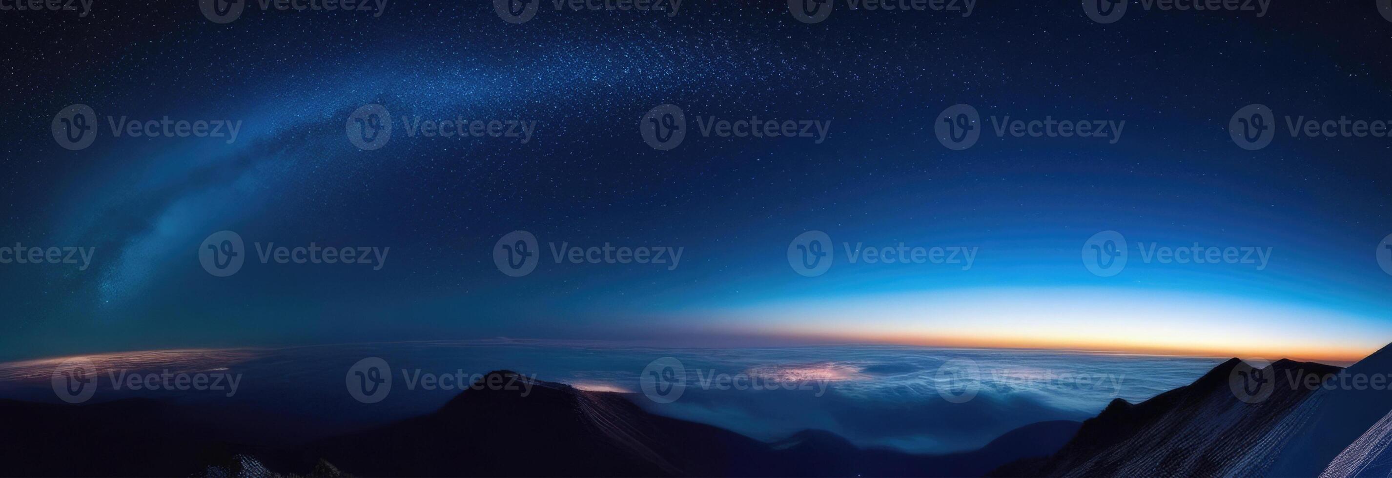 AI generated Aviation and Cosmonautics Day, International Day of Human Spaceflight, comet flight, Milky Way, mountain peaks, top view, horizontal banner photo