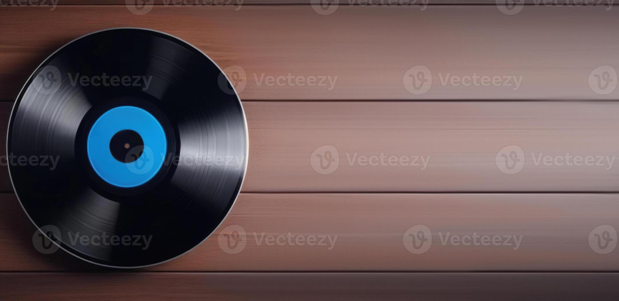 AI generated world Music Day, World Rock-n-roll Day, old vinyl records, top view, wooden background, horizontal banner, place for text photo