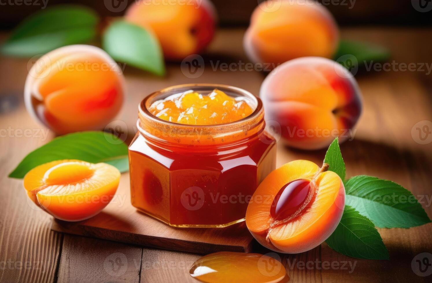 AI generated jar of apricot jam, Homemade jam with apricots, sweet dessert of fresh fruits, fruit jams, homemade autumn preparations photo