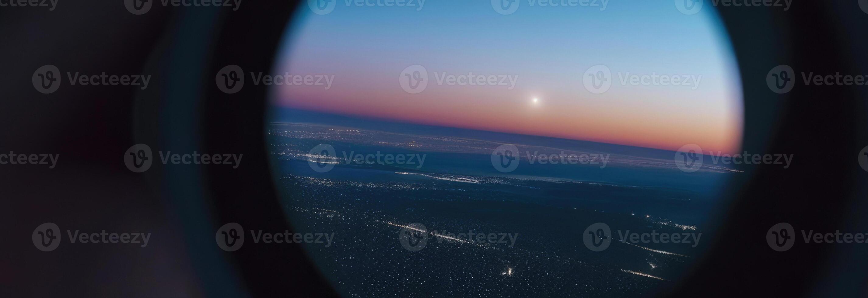 AI generated Aviation and Cosmonautics Day, International Day of Human Spaceflight, view of the city from the porthole window, night city, top view, sunrise, horizontal banner photo