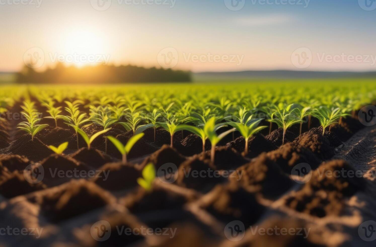 AI generated Arbor Day, plantation of young plants, field to the horizon, a young tree grows from the soil, planting plants, contour light, sunny day photo
