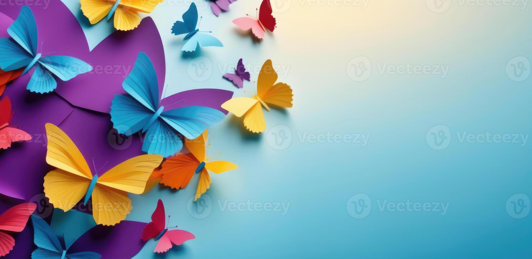 AI generated horizontal banner, Zero Discrimination Day, multicolored paper butterflies, rainbow coloring, paper cutouts, place for text photo