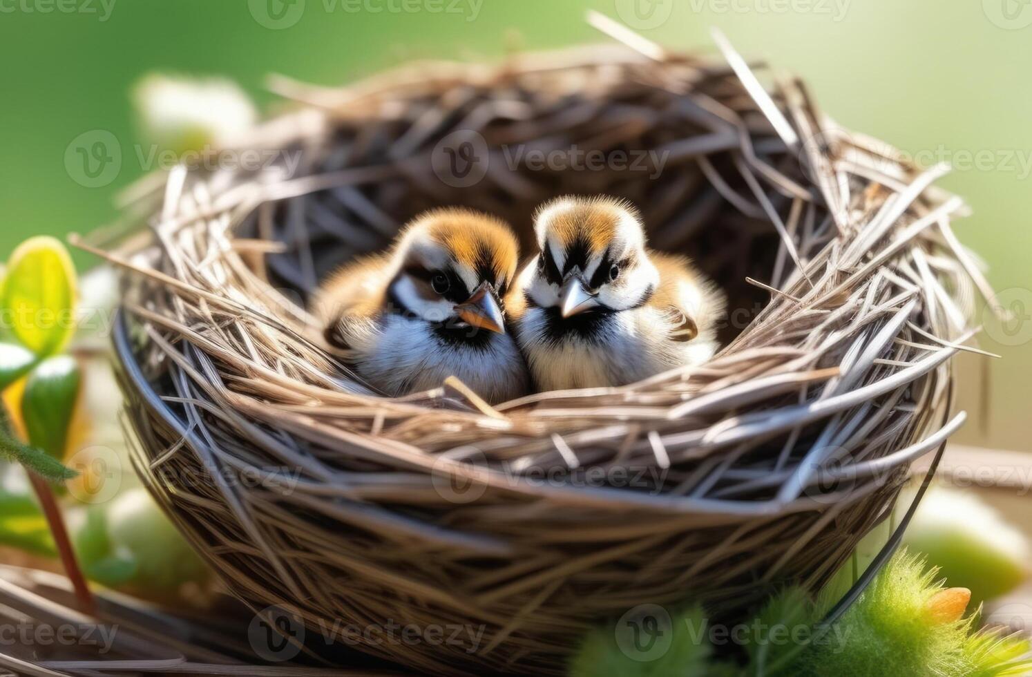 AI generated international Bird Day, World Sparrow Day, two small sparrows in a nest on a tree branch, sunny day, green background photo