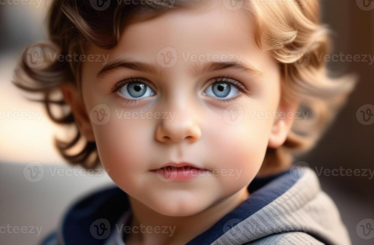 AI generated a young European boy, a blue-eyed blond boy with curls, a junior high school student, a little boy in a hooded sweatshirt, looking at the camera, close-up photo