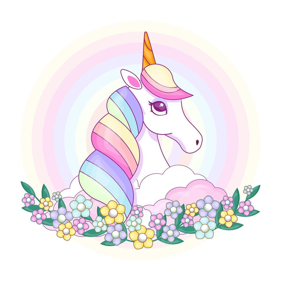 linda unicornio con reluciente y arco iris pelo terminado oscuro antecedentes con estrellas. vector