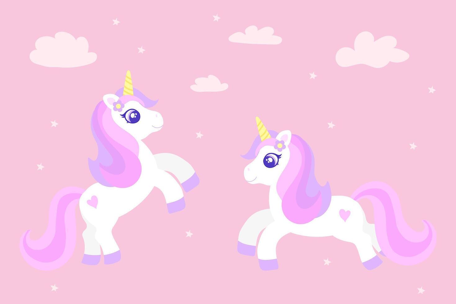 Hand drawn vector with one cute unicorn, stars and hearts. Print for t-shirt or stickers