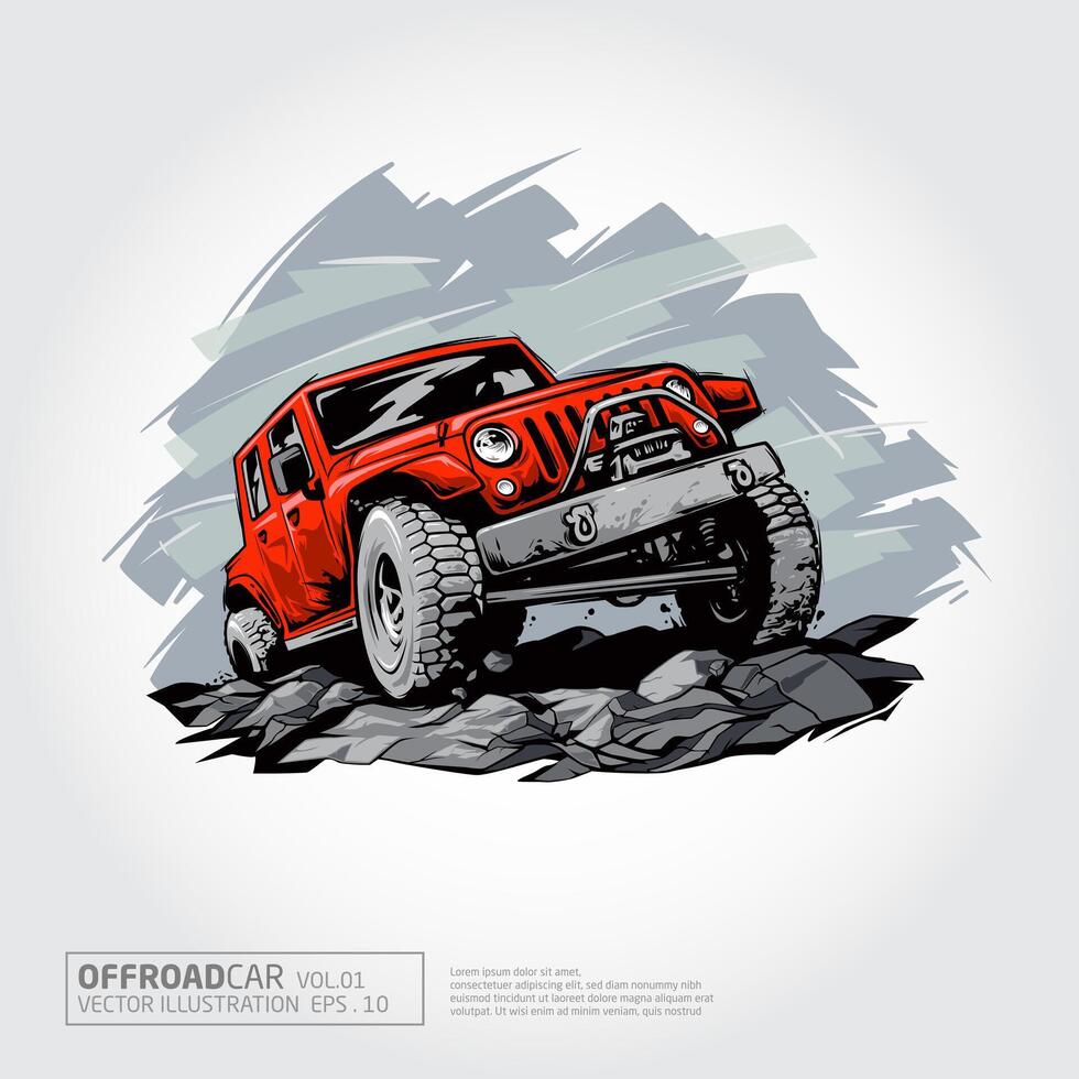 Offroad Car Vector Illustration. Off road vehicle over a heap of stones.