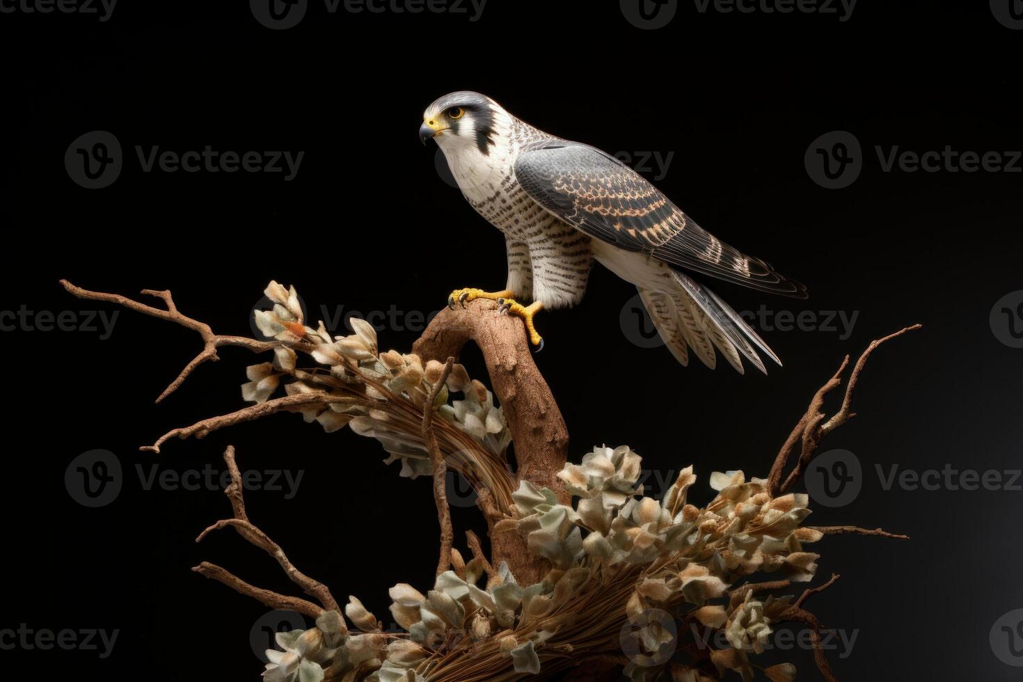 AI generated Majestic Peregrine falcon sitting on tree branch. Generate ai photo
