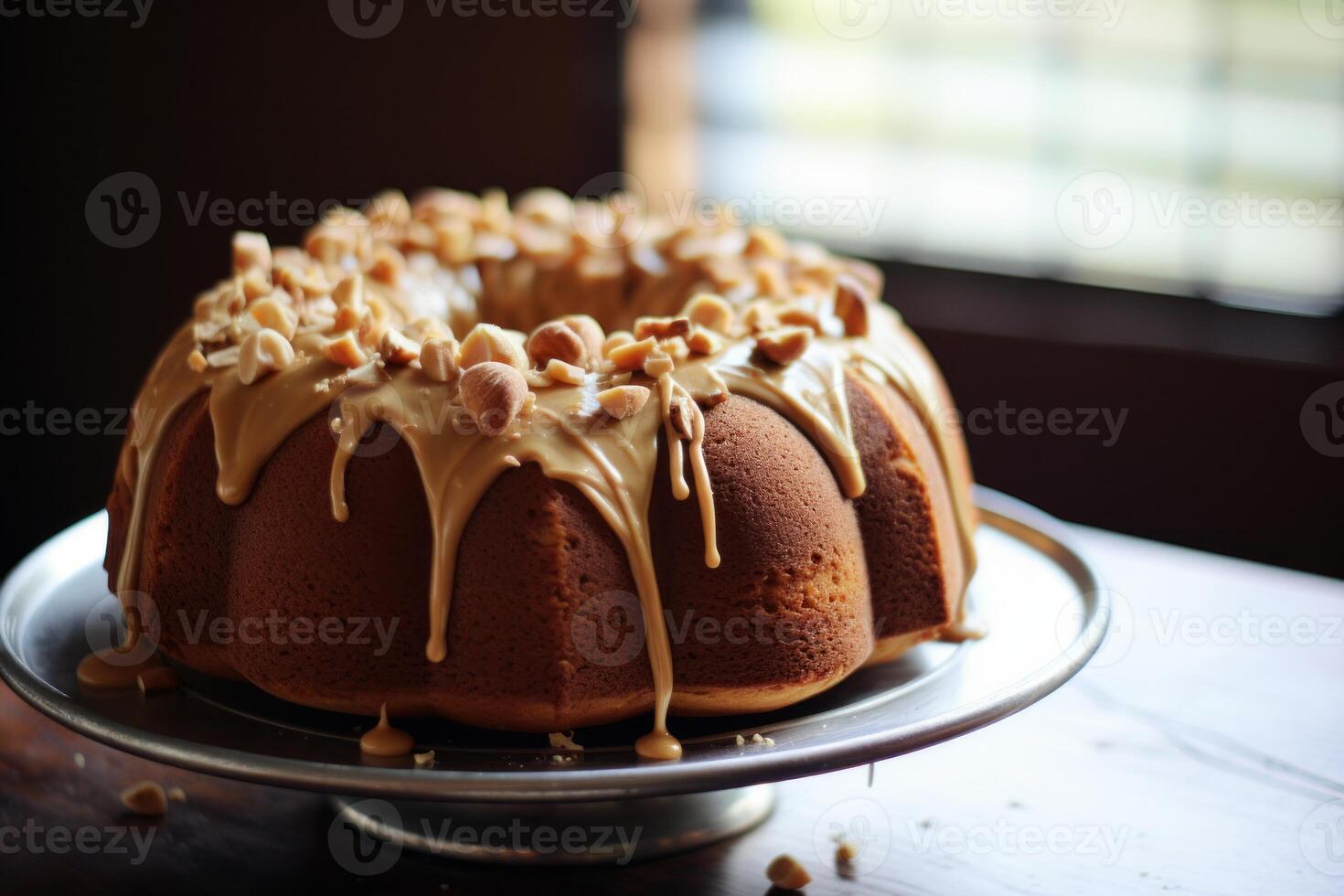 ai generado bundt pastel cubierto con derritiendo maní. generar ai foto