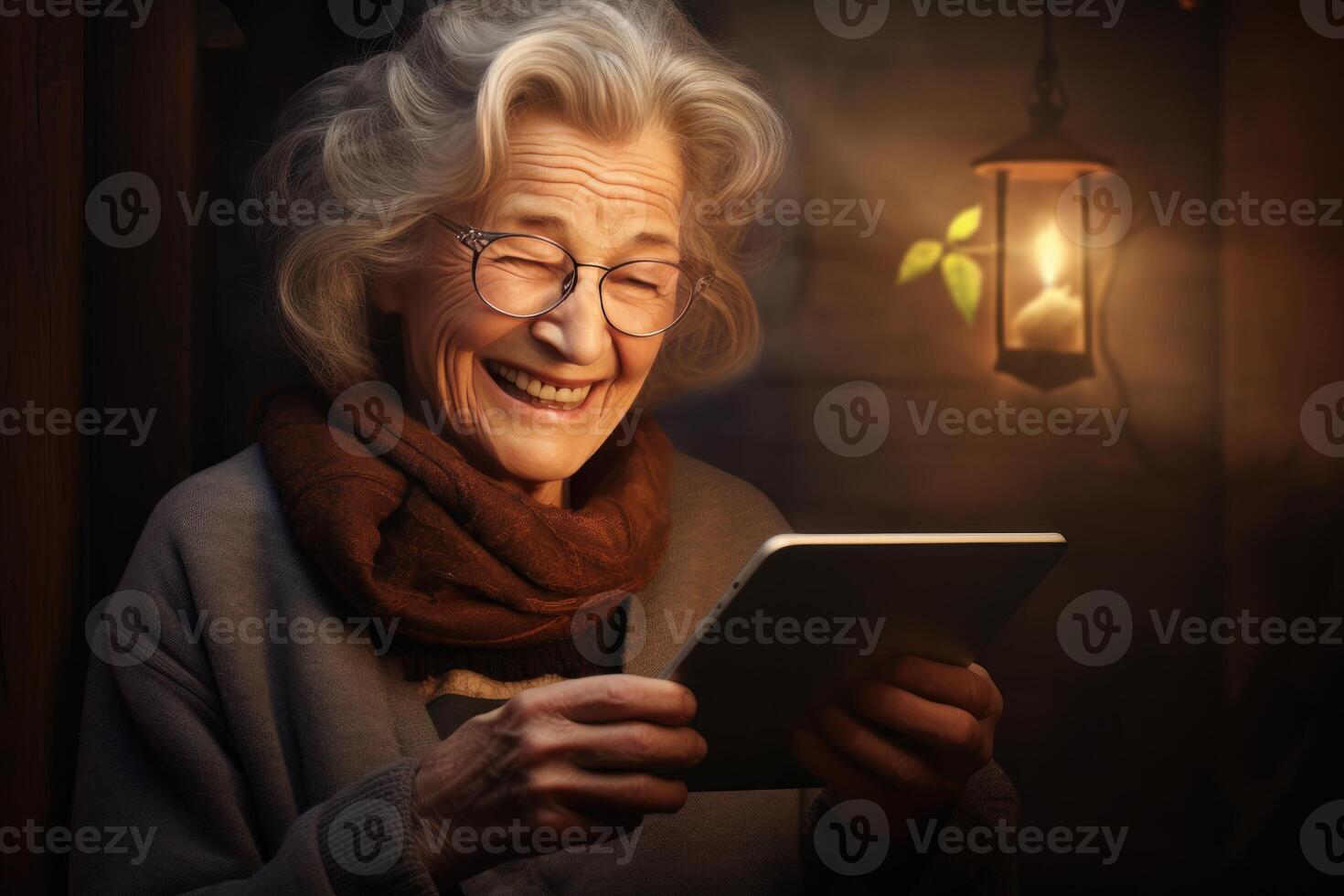 AI generated Tech-savvy Old woman with tablet. Generate Ai photo