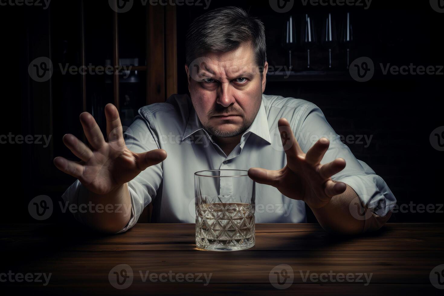 AI generated Abstemious Man refusing vodka drink glass. Generate ai photo