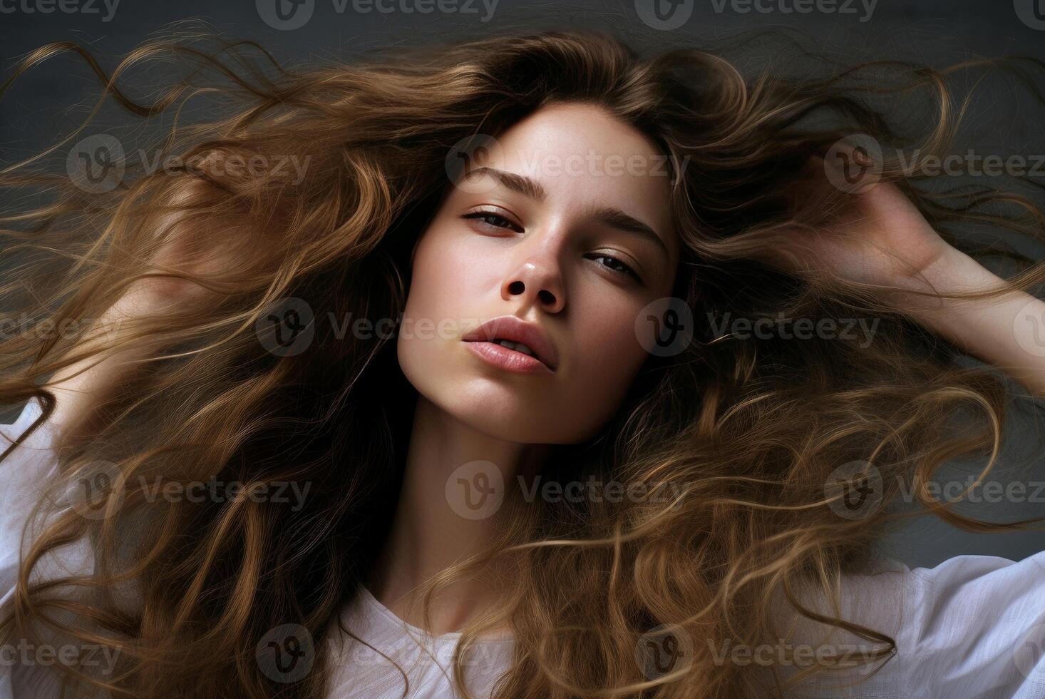 AI generated Alluring Beautiful brunette with loose hair. Generate ai photo