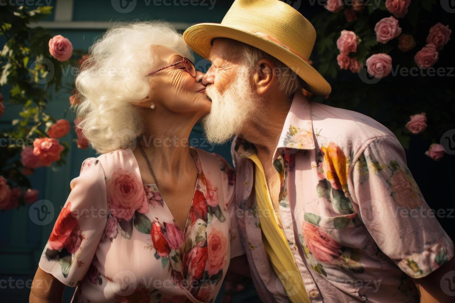 AI generated Charming Old couple city summer kiss. Generate Ai photo