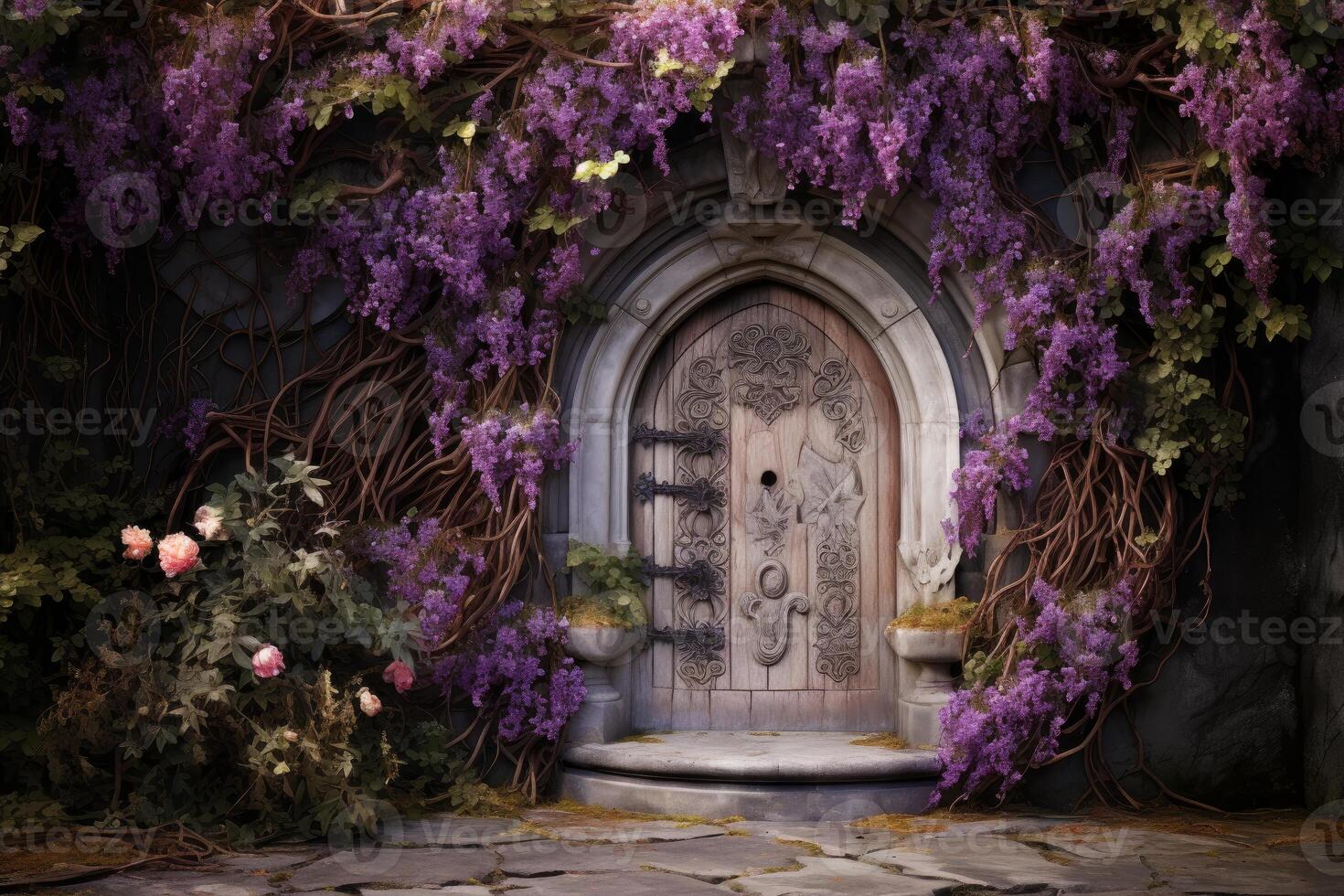 AI generated Delicate Purple fairy door flowers. Generate Ai photo