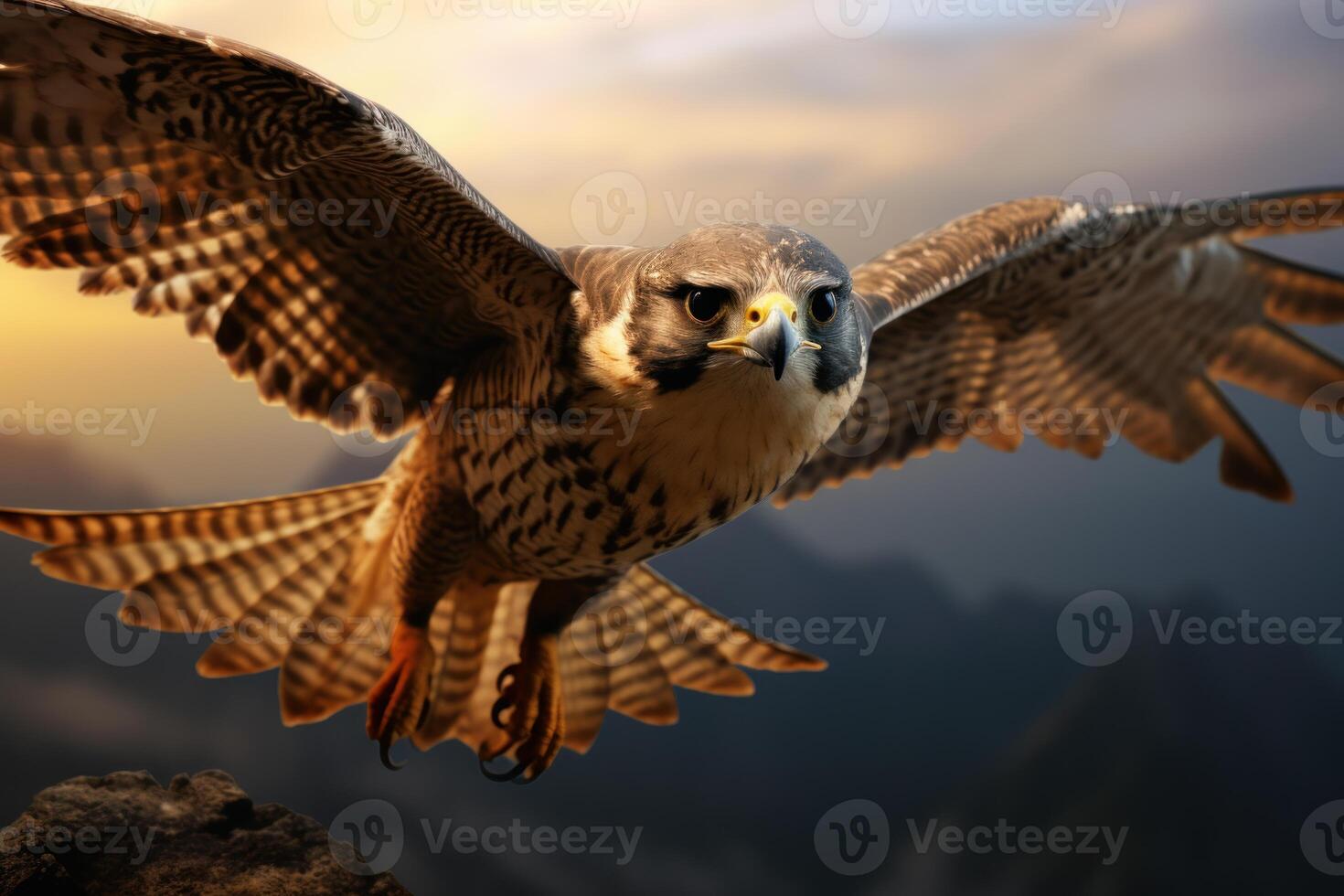 AI generated Serene Flying falcon sunset. Generate Ai photo