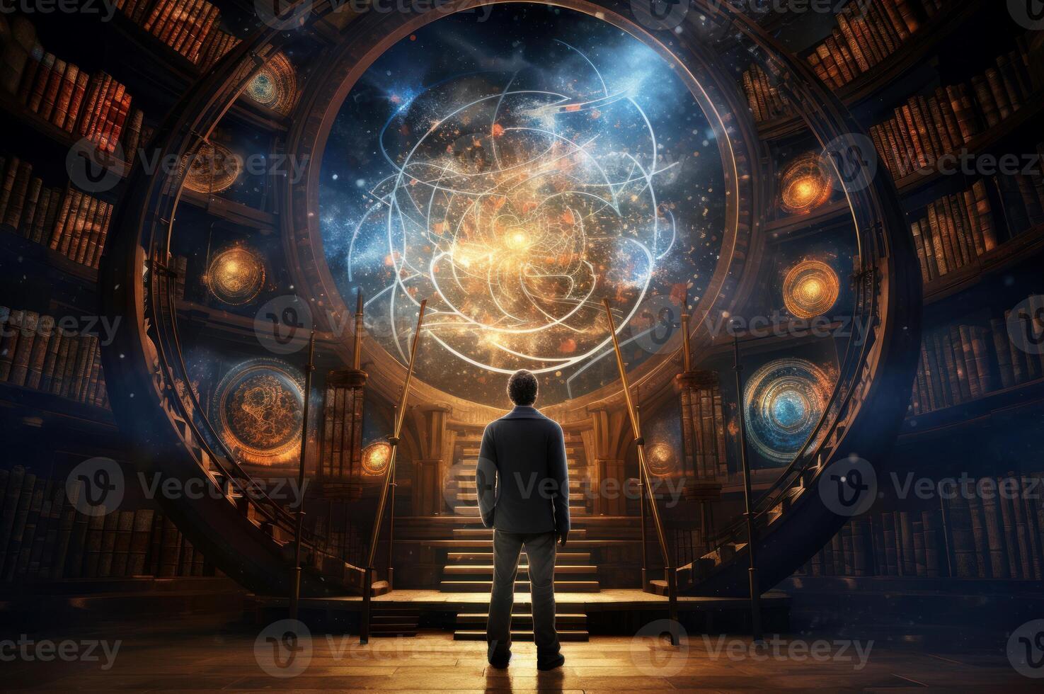 AI generated Thoughtful Man stand astrological library. Generate Ai photo