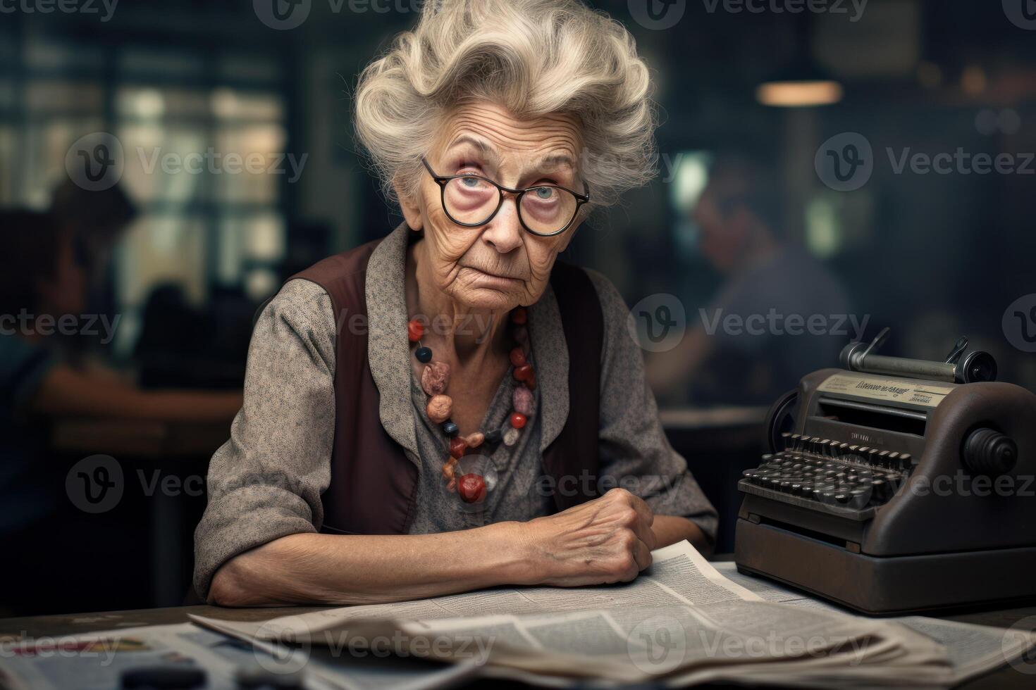AI generated Journalist old woman. Generate Ai photo