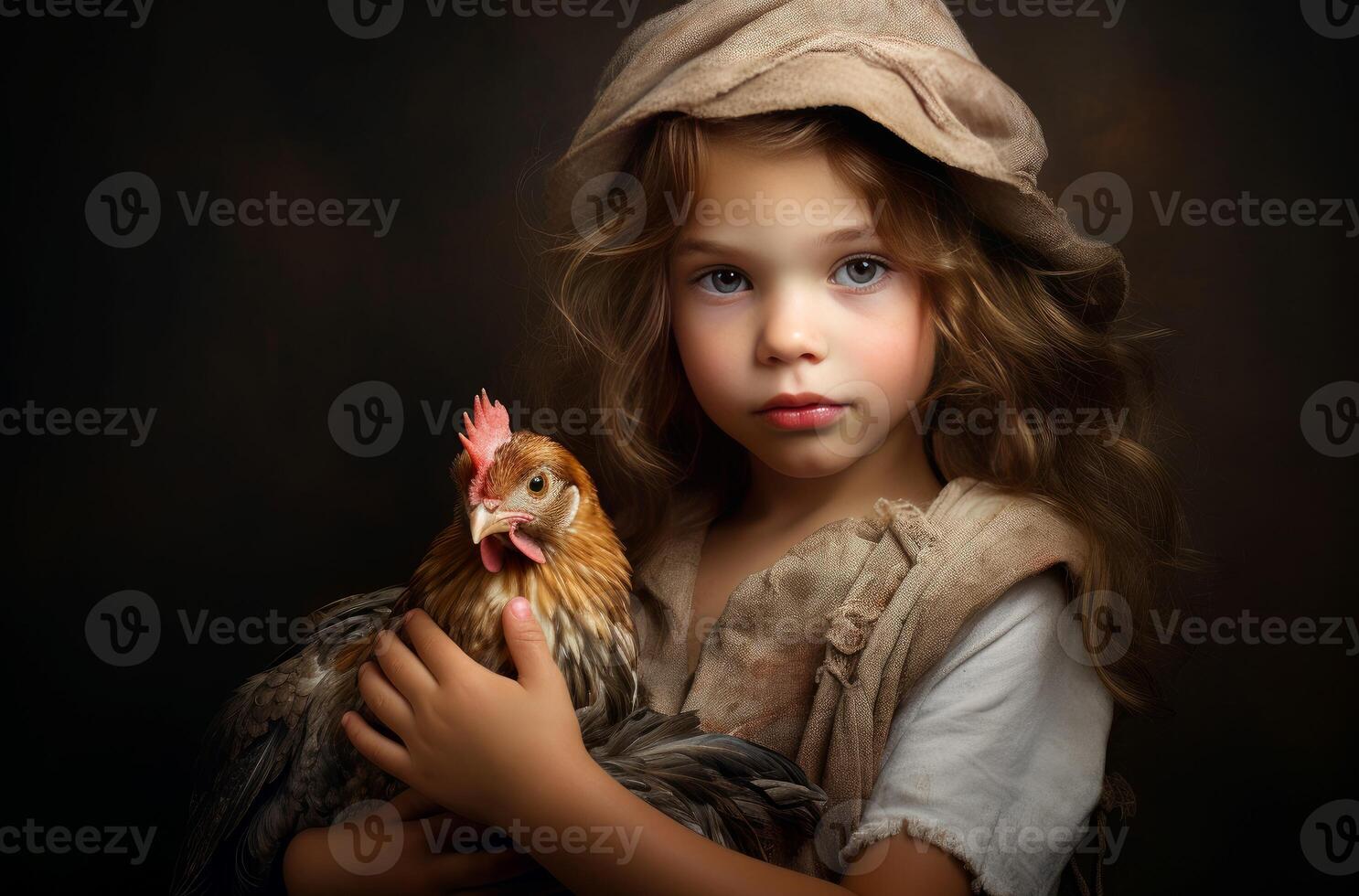 AI generated Protective Little girl with chicken. Generate Ai photo