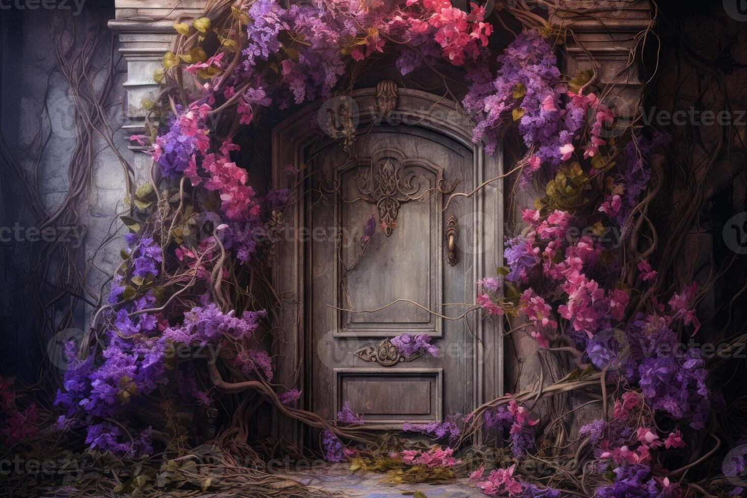 AI generated Purple fairy door flowers. Generate Ai photo