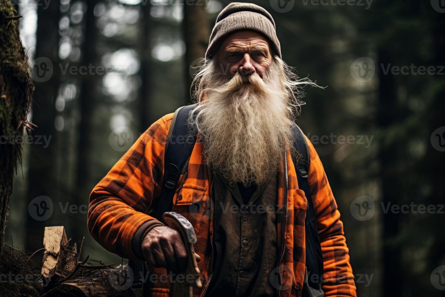 ai generado sazonado leñador antiguo persona bosque. generar ai foto