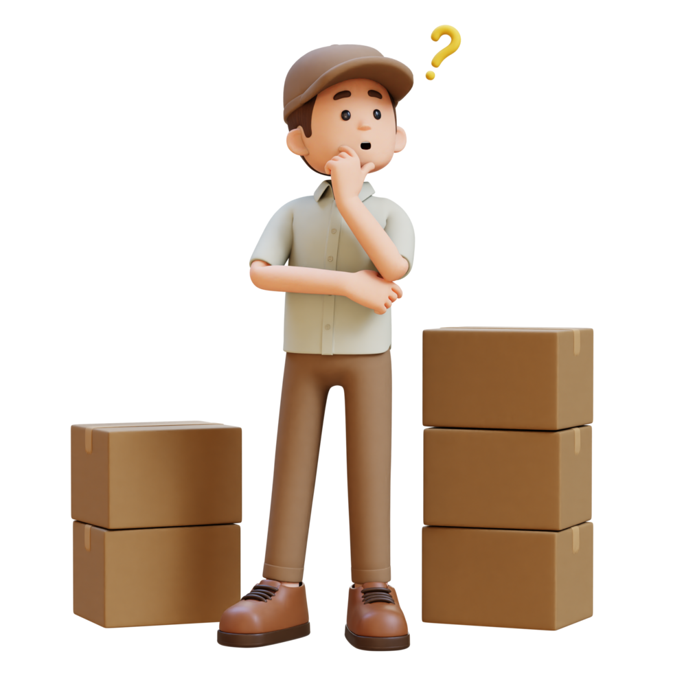 3D Delivery Man Character Confused and Thinking Pose with Parcel Box png