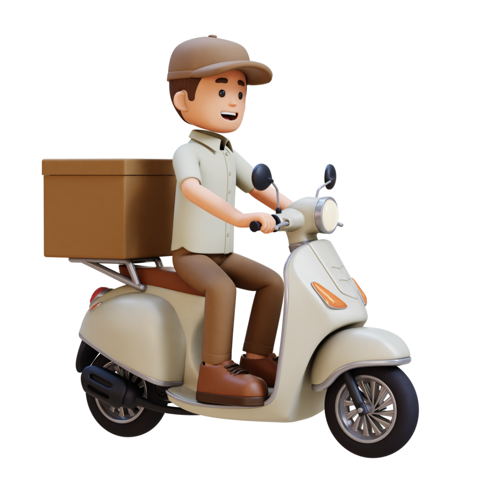 3D Delivery Man Character Deivering Package with a Scooter png